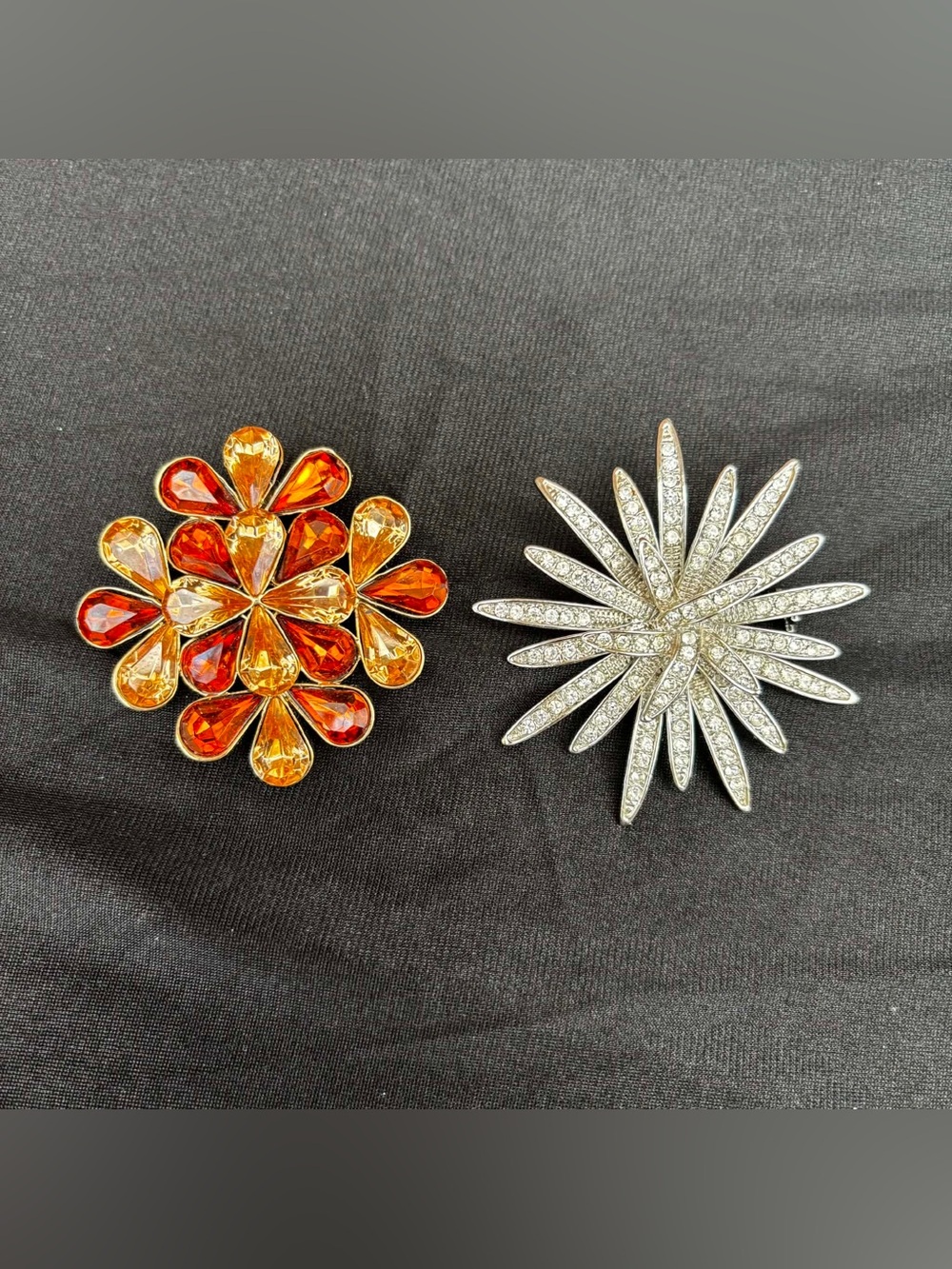 Vintage Starburst Flower Pin & Amber Shade Rhinestone Signed M/W Citrine